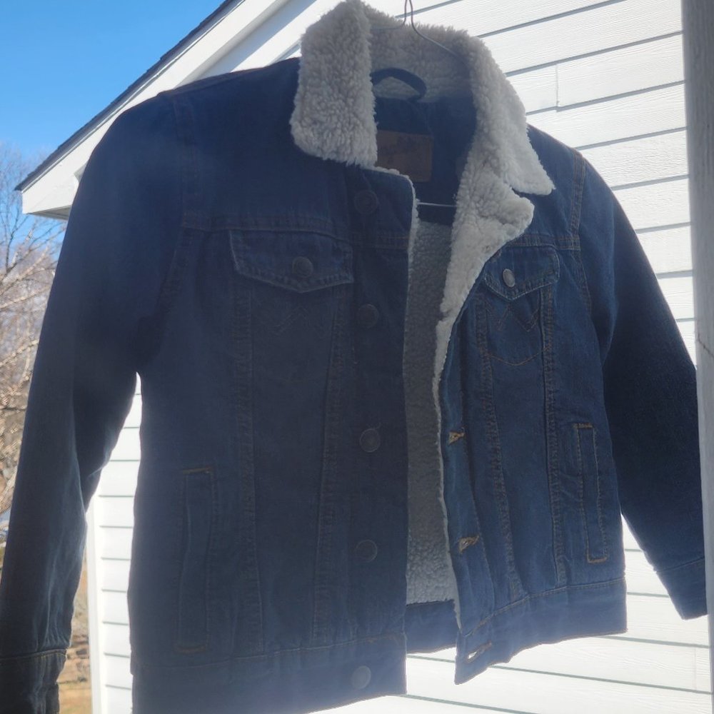 Wrangler Blue Denim Jacket with White Sherpa Collar